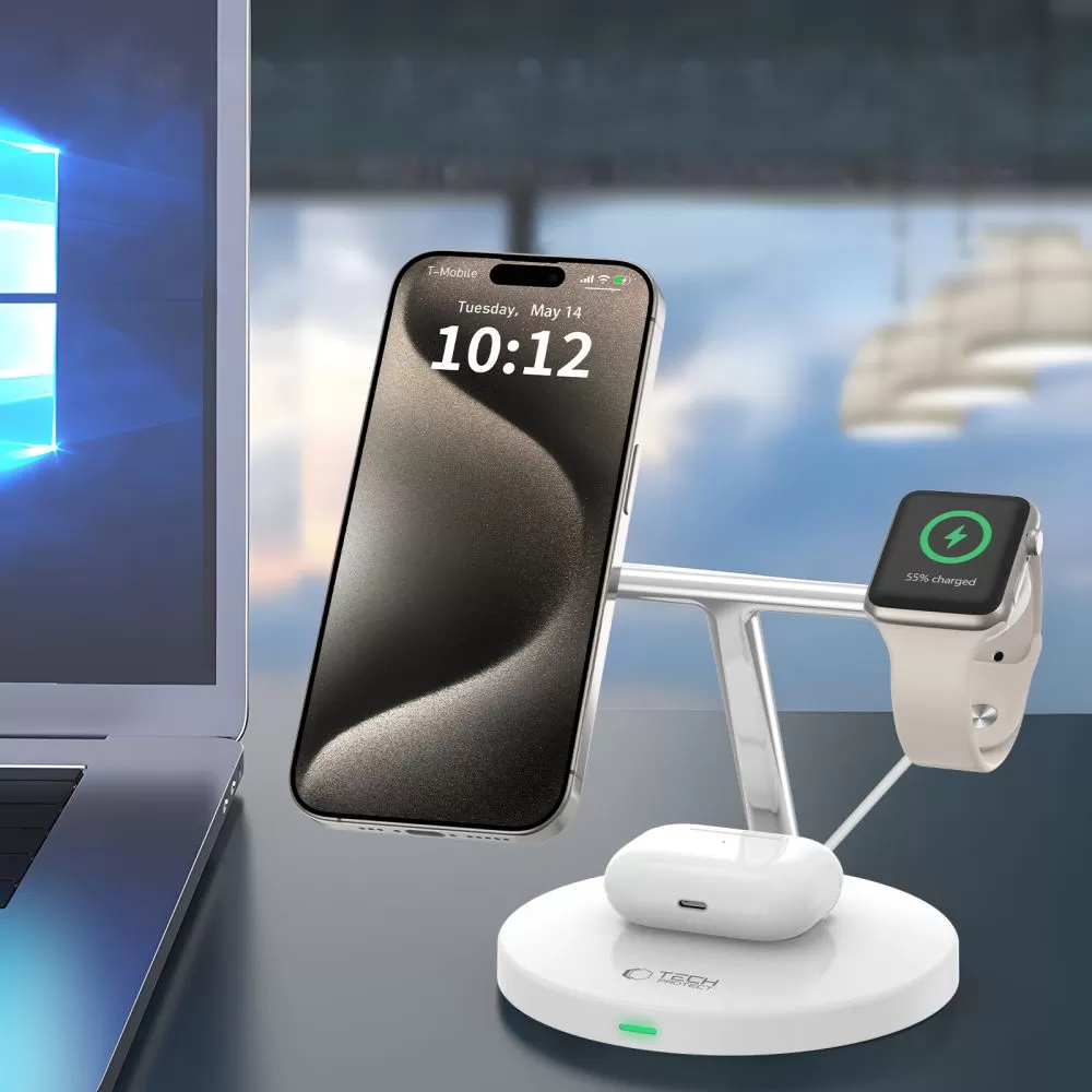 Wireless chargers  TECH-PROTECT QI15W-A35 3IN1 MAGNETIC MAGSAFE WIRELESS CHARGER white