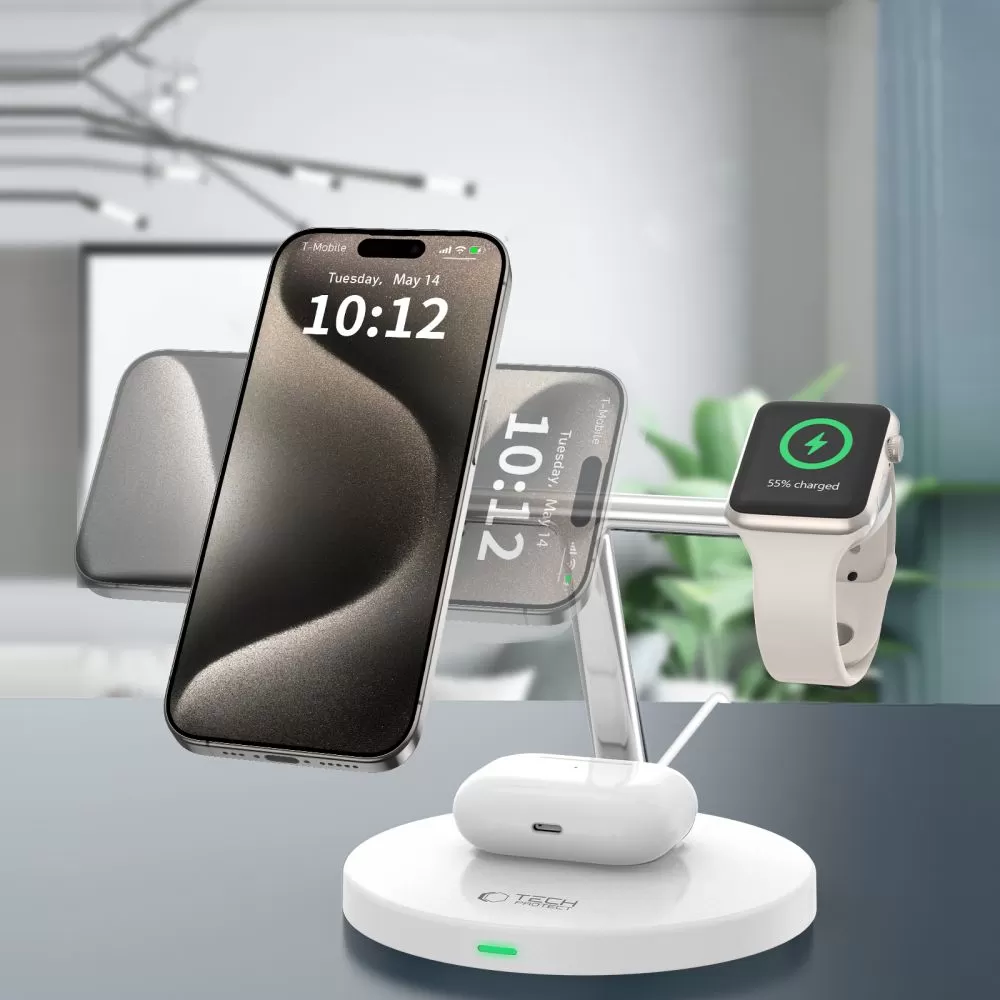 Wireless chargers  TECH-PROTECT QI15W-A35 3IN1 MAGNETIC MAGSAFE WIRELESS CHARGER white