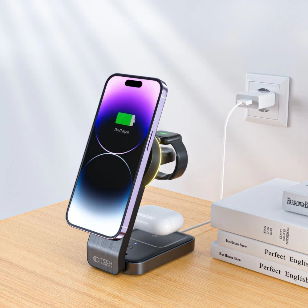 Wireless chargers  TECH-PROTECT QI15W-A28 3IN1 MAGNETIC MAGSAFE WIRELESS CHARGER black