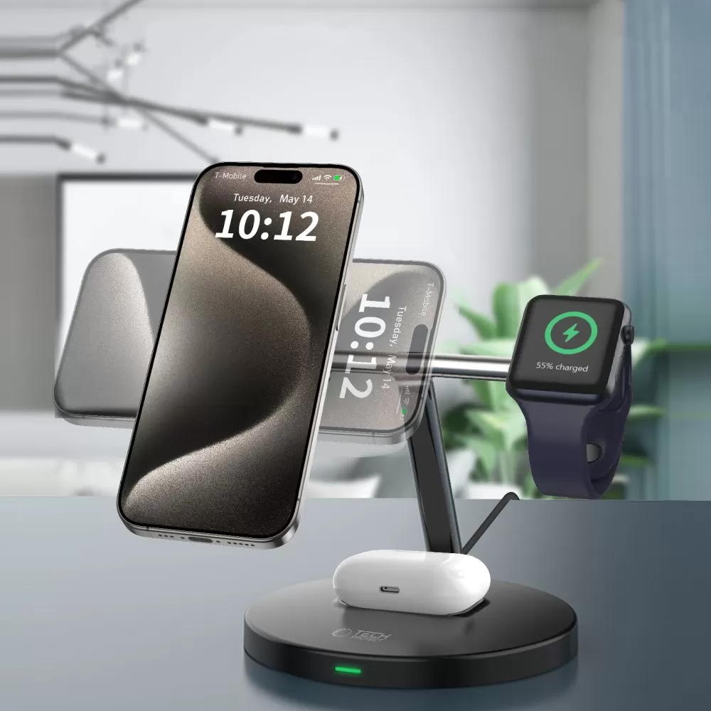 Беспроводные зарядные устройства  TECH-PROTECT QI15W-A35 3IN1 MAGNETIC MAGSAFE WIRELESS CHARGER черный