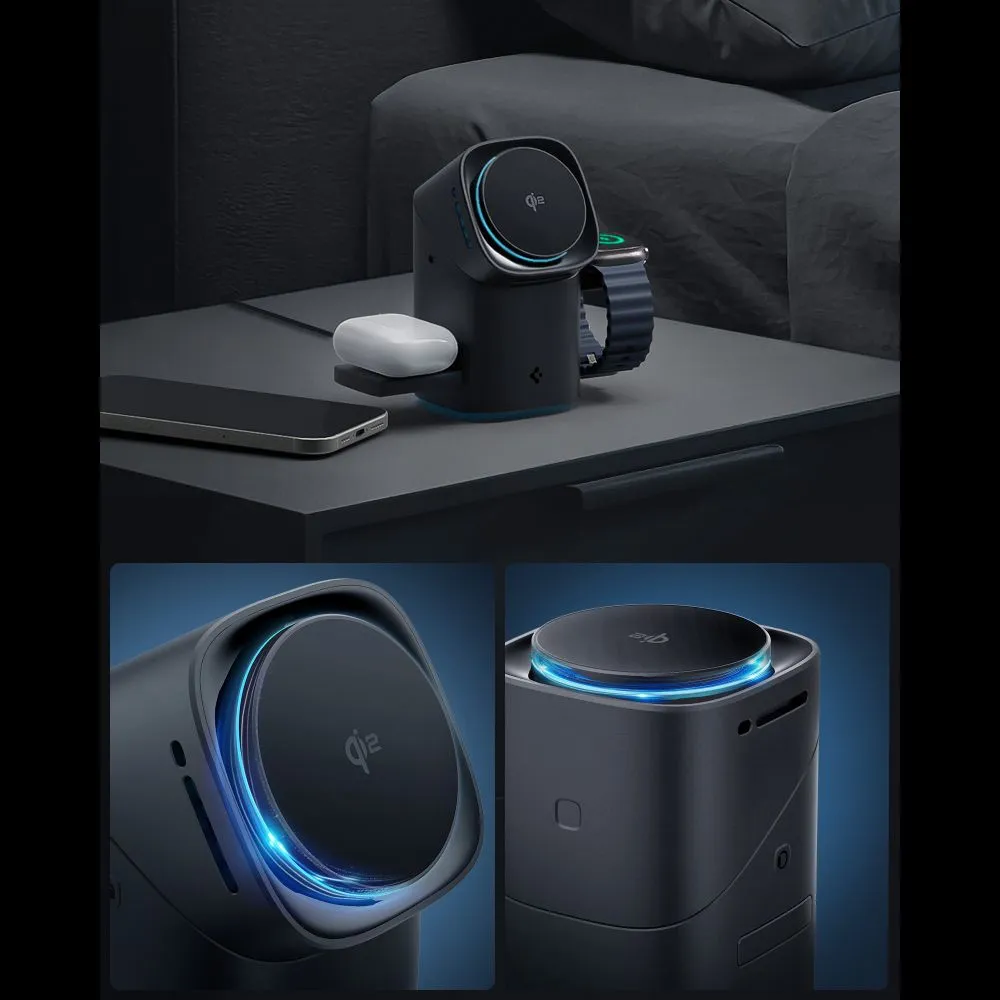 Juhtmeta laadija  SPIGEN ESSENTIAL EF223MS 3IN1 QI2 ROTARY MAGNETIC MAGSAFE WIRELESS CHARGER Telefonitarvikud must