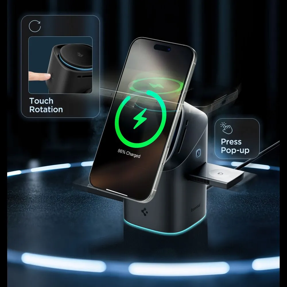 Juhtmeta laadija  SPIGEN ESSENTIAL EF223MS 3IN1 QI2 ROTARY MAGNETIC MAGSAFE WIRELESS CHARGER Telefonitarvikud must