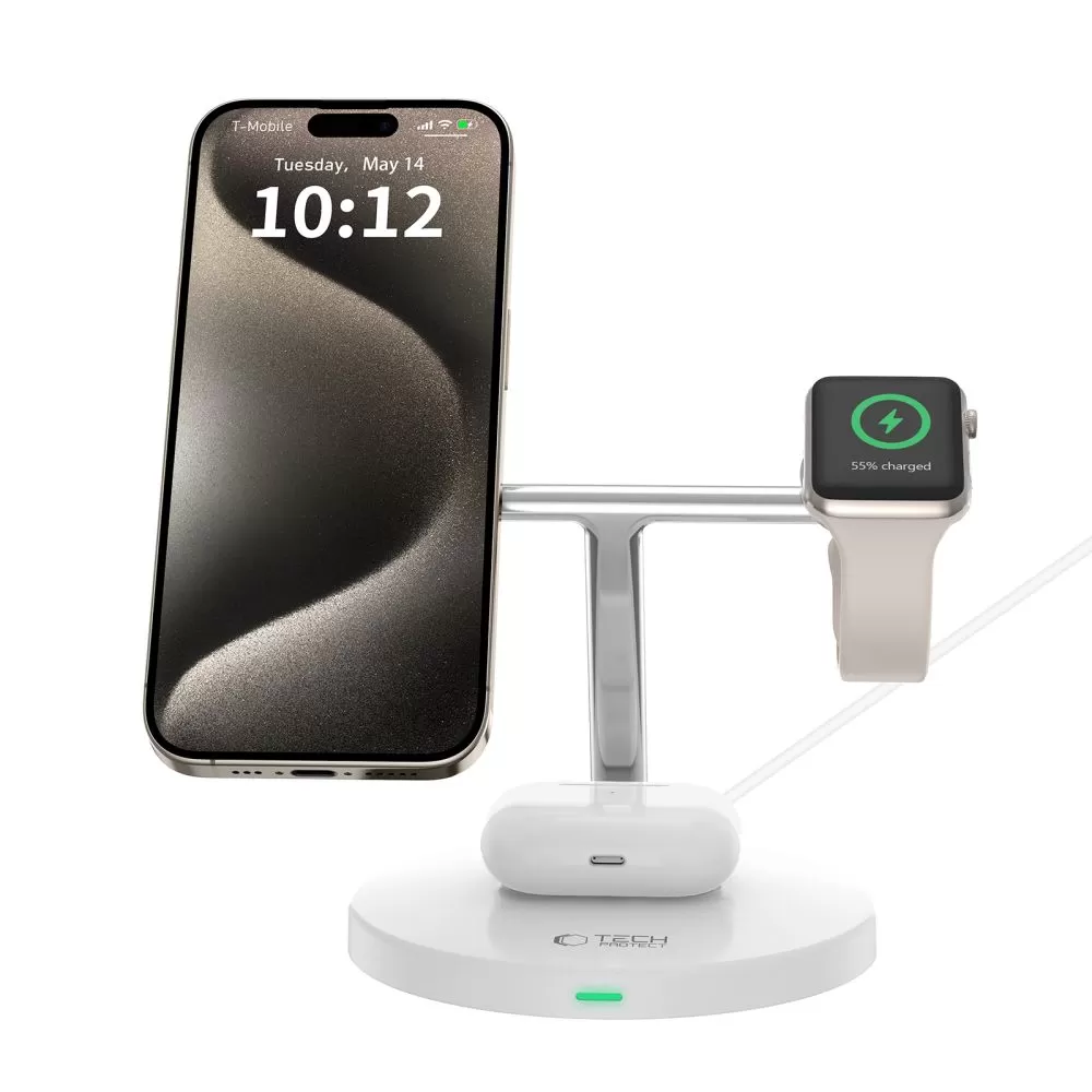 Беспроводные зарядные устройства TECH-PROTECT QI15W-A35 3IN1 MAGNETIC MAGSAFE WIRELESS CHARGER белый