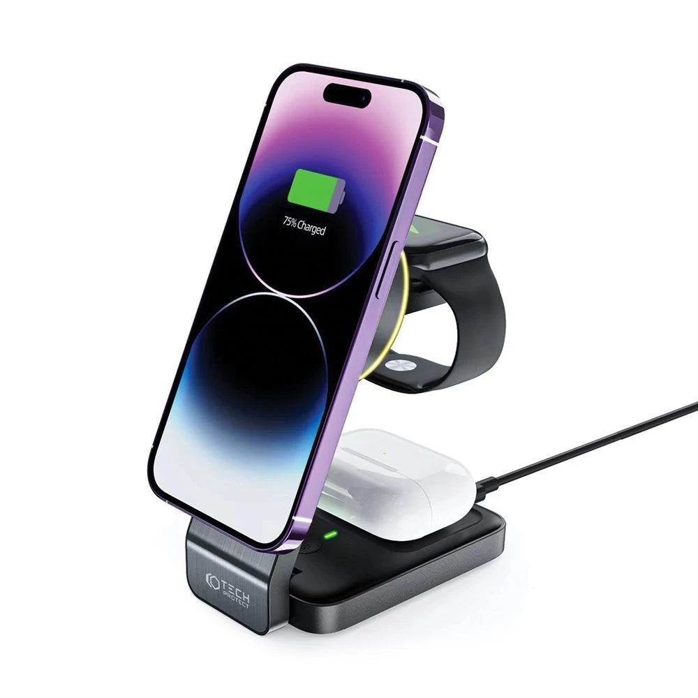 Беспроводные зарядные устройства TECH-PROTECT QI15W-A28 3IN1 MAGNETIC MAGSAFE WIRELESS CHARGER черный