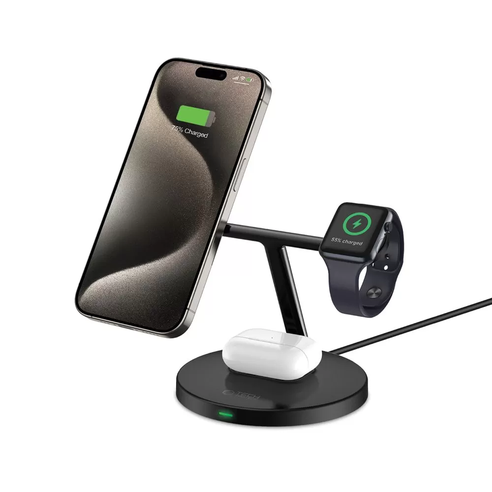 Беспроводные зарядные устройства TECH-PROTECT QI15W-A35 3IN1 MAGNETIC MAGSAFE WIRELESS CHARGER черный