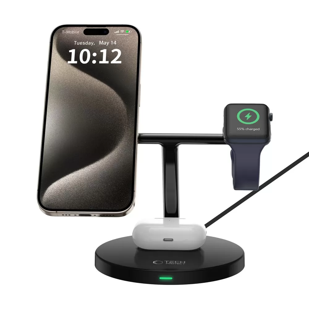 Беспроводные зарядные устройства TECH-PROTECT QI15W-A35 3IN1 MAGNETIC MAGSAFE WIRELESS CHARGER черный