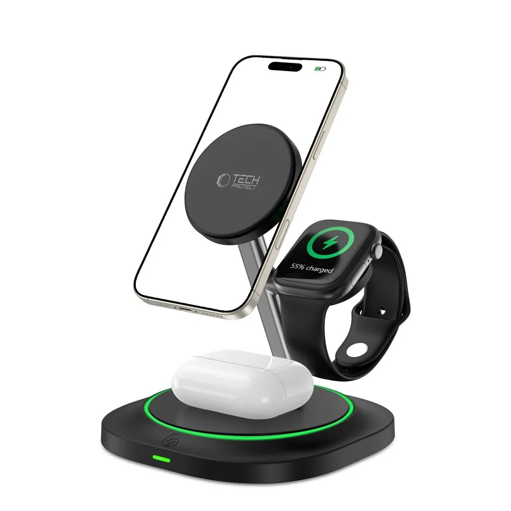 Беспроводные зарядные устройства TECH-PROTECT QI15W-A46 3IN1 MAGNETIC MAGSAFE WIRELESS CHARGER черный