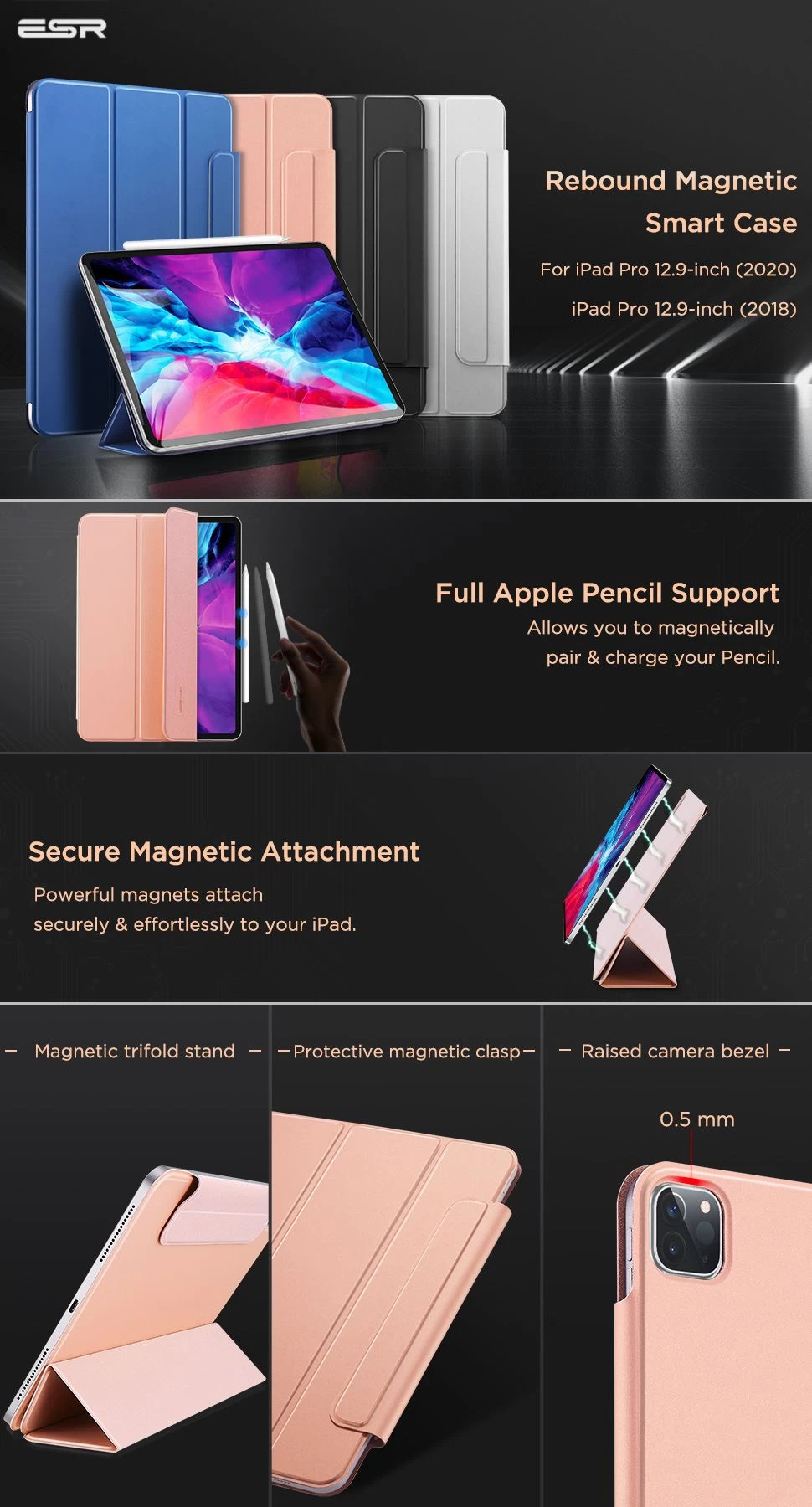 Apple iPad Pro 12.9 (2020) tablet case pink gold ESR Rebound Magnetic with clasp 