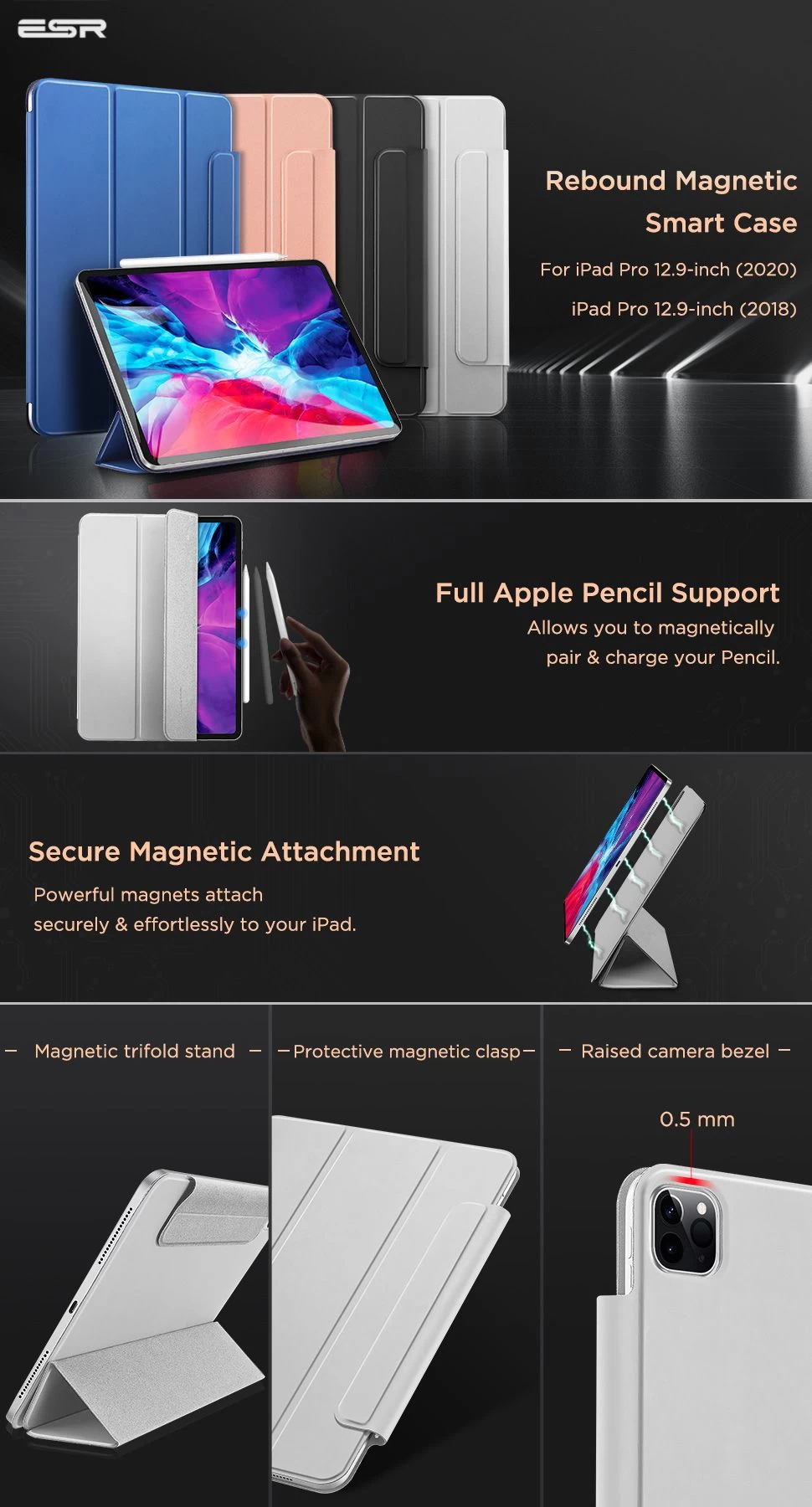 Apple iPad Pro 12.9 (2020) tahvelarvuti ümbris hõbe ESR Rebound Magnetic with clasp 