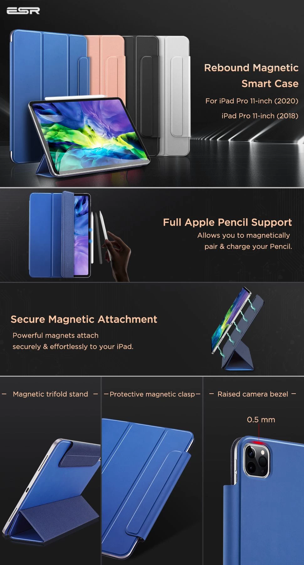 Apple iPad Pro 11 (2020) Planšetės dėklas mėlyna ESR Rebound Magnetic with clasp 