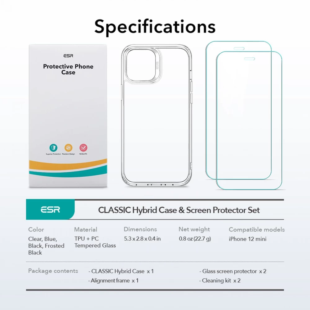 Apple iPhone 12 Mini vāciņš caurspīdīgs ESR Classic Hybrid  + Screen Shield (2pack)