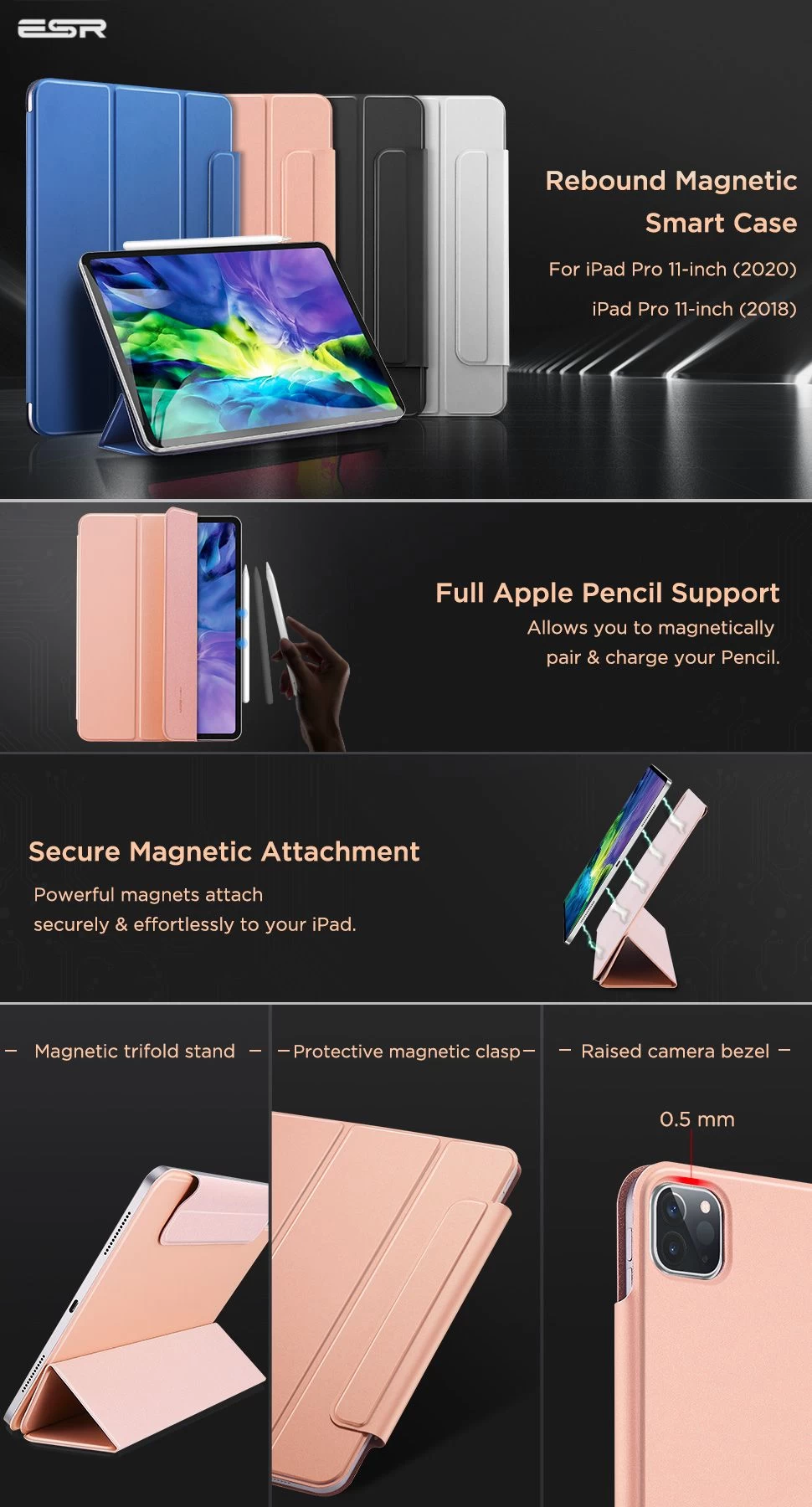 Apple iPad Pro 11 (2021) tahvelarvuti ümbris roosa kuld ESR Rebound Magnetic 
