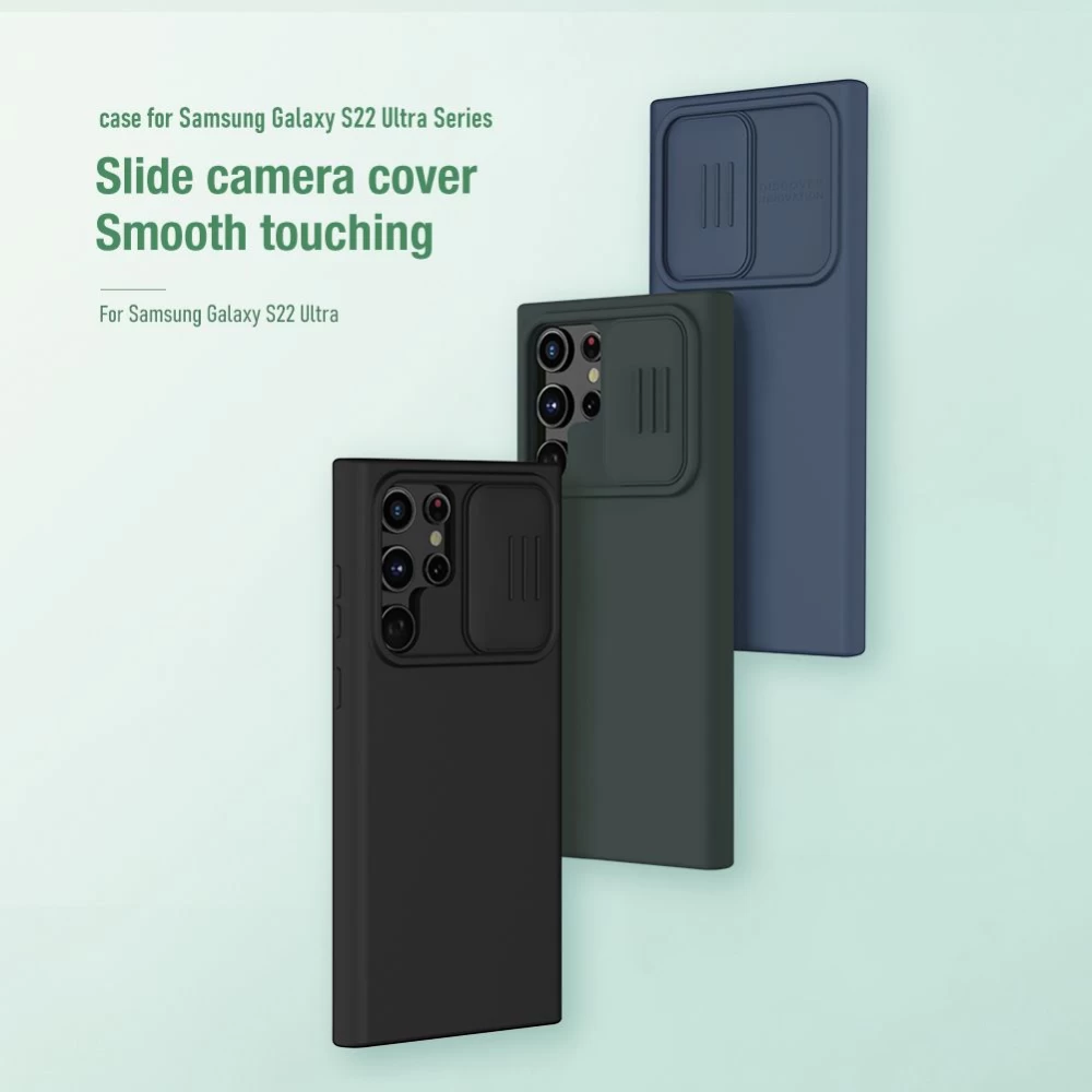Samsung Galaxy S22 Ultra suojakuori sininen Nillkin CamShield Silky Silicon 