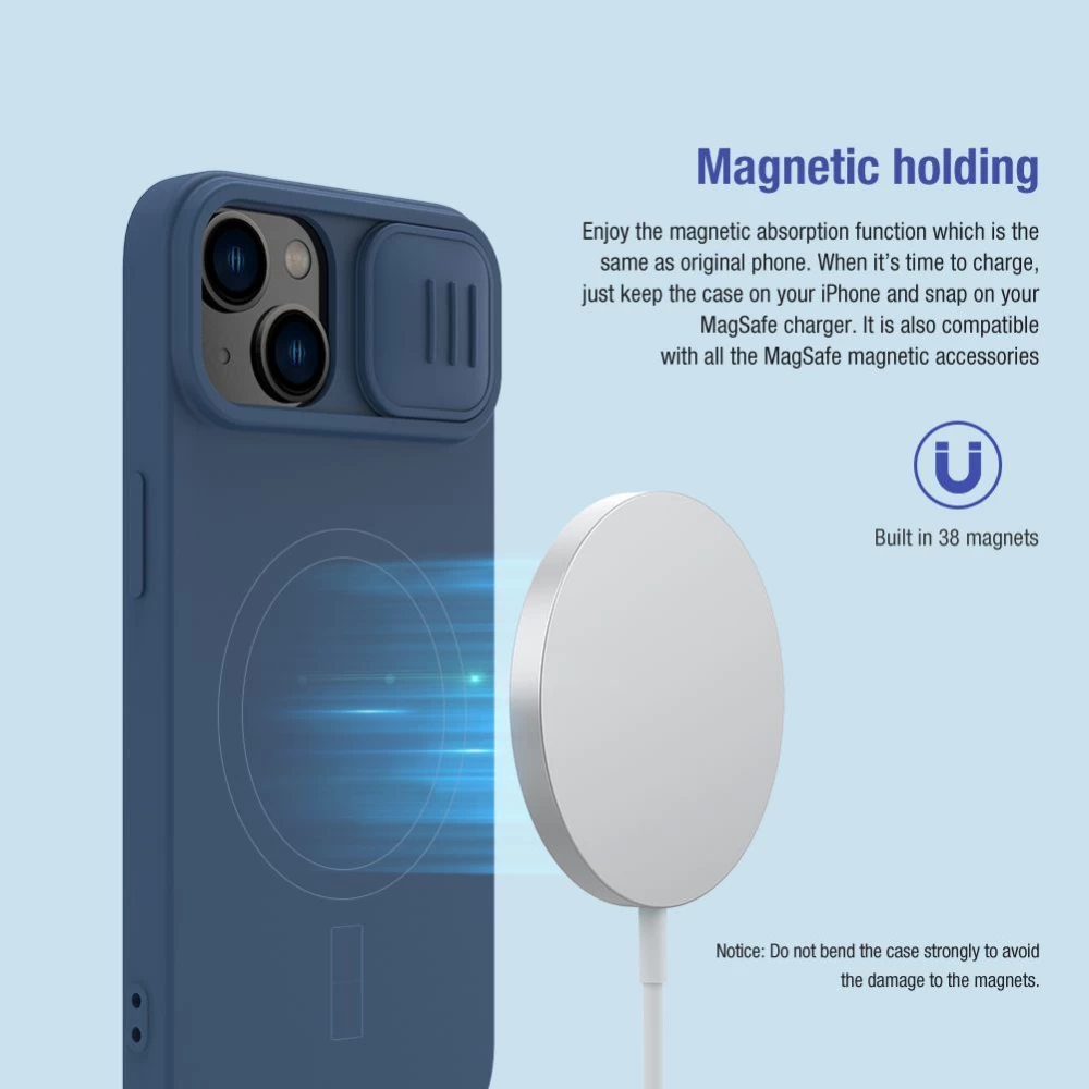 Apple iPhone 14 dėklas mėlyna Nillkin CamShield Silky Magnetic Silicon
