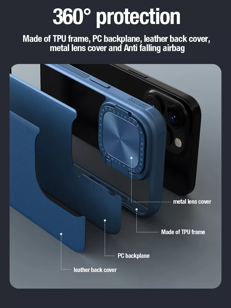 Apple iPhone 15 Pro Max skal blå NILLKIN CAMSHIELD PROP LEATHER MAGNETIC