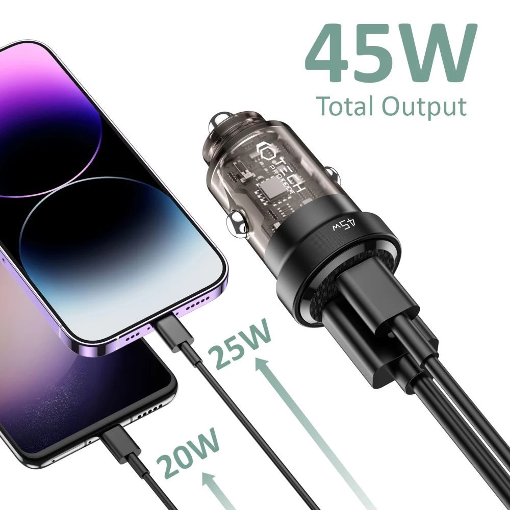 Priedai Automobilinis įkroviklis TECH-PROTECT CC45W 2-PORT CAR CHARGER PD45W/QC3.0  Juoda