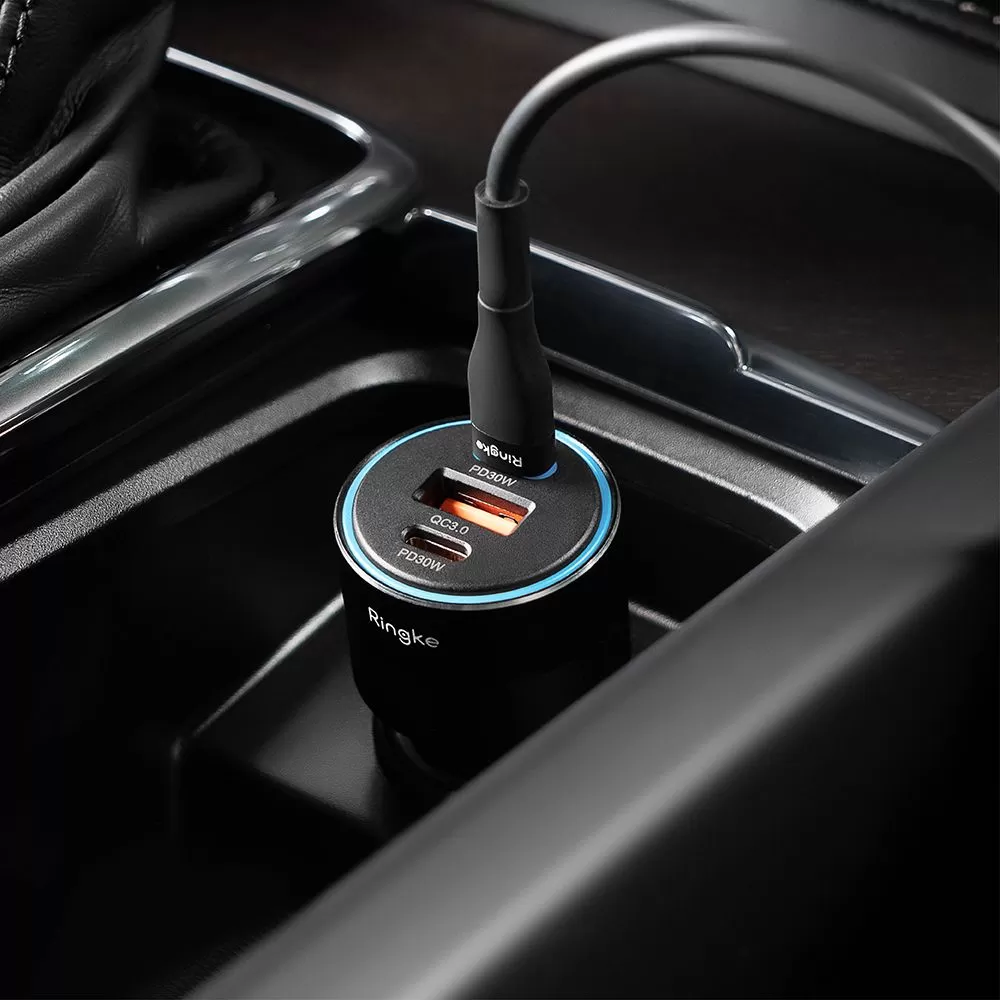 Priedai Automobilinis įkroviklis RINGKE 3-PORT CAR CHARGER PD30W/QC3.0  Juoda