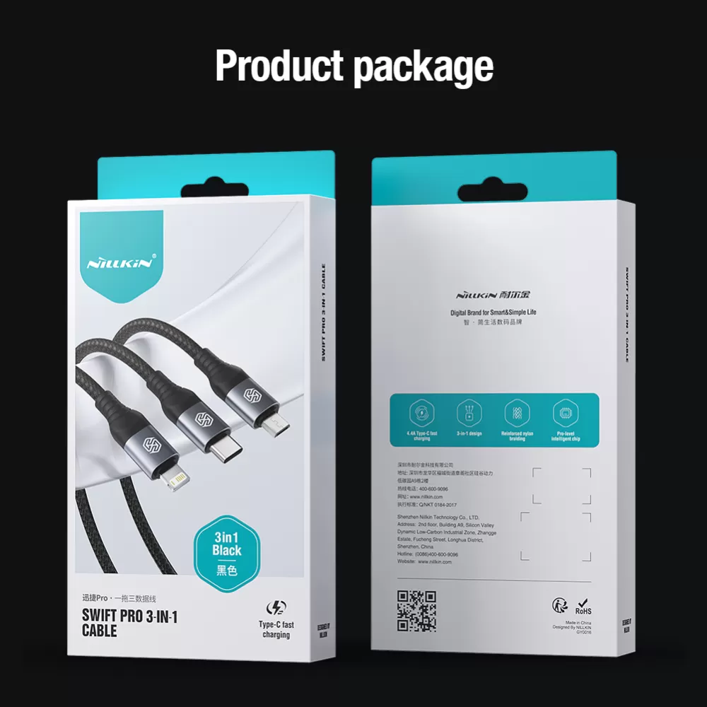Aксессуары Кабель передачи данных NILLKIN SWIFT PRO 3-in-1 USB-A to L/M/C  черный
