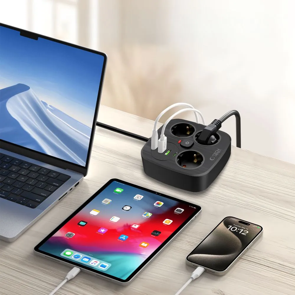 Puhelintarvikkeet Liitäntäkaapelit TECH-PROTECT PCS3X4 POWER STRIP 2 USB & TYPE-C 3 SOCKET 200CM  musta
