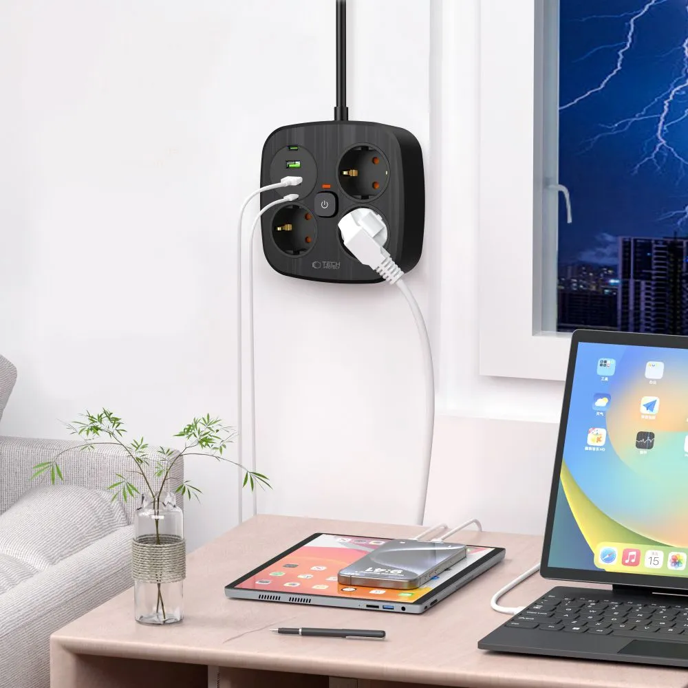 Puhelintarvikkeet Liitäntäkaapelit TECH-PROTECT PCS3X4 POWER STRIP 2 USB & TYPE-C 3 SOCKET 200CM  musta