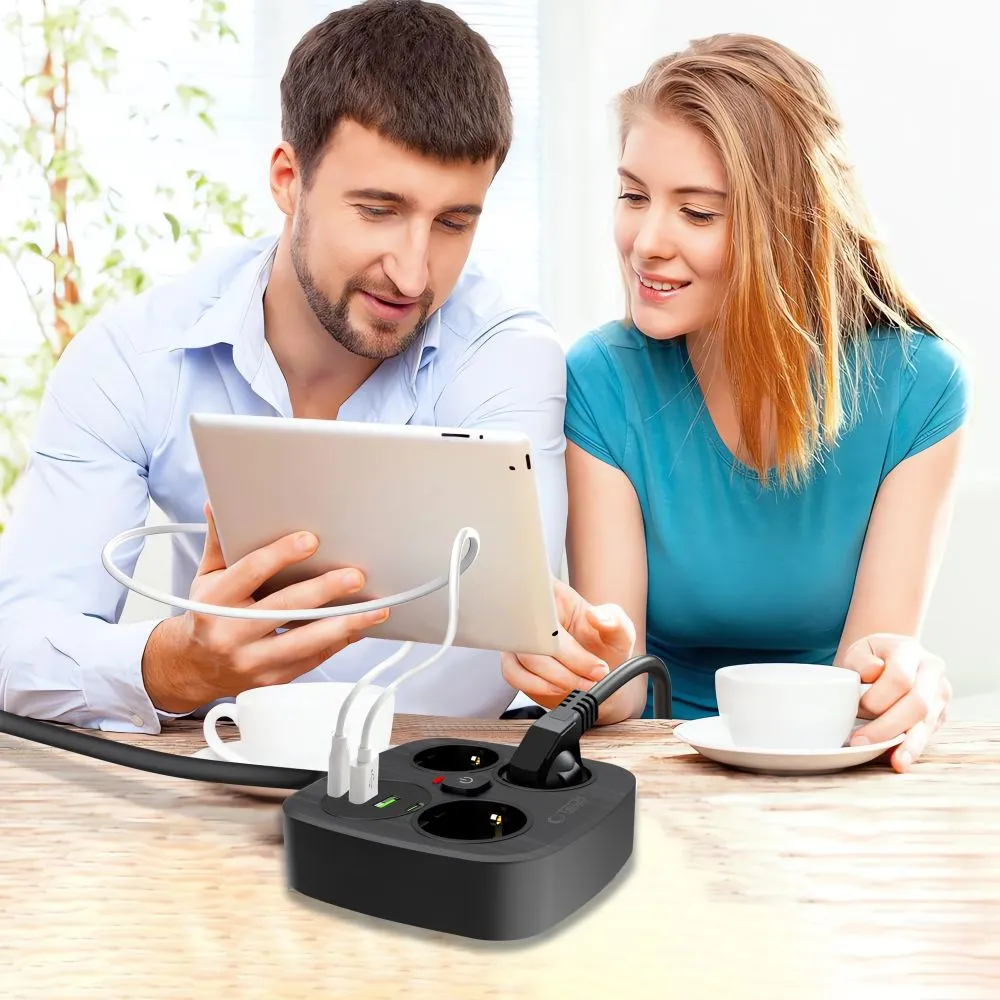 Puhelintarvikkeet Liitäntäkaapelit TECH-PROTECT PCS3X4 POWER STRIP 2 USB & TYPE-C 3 SOCKET 200CM  musta