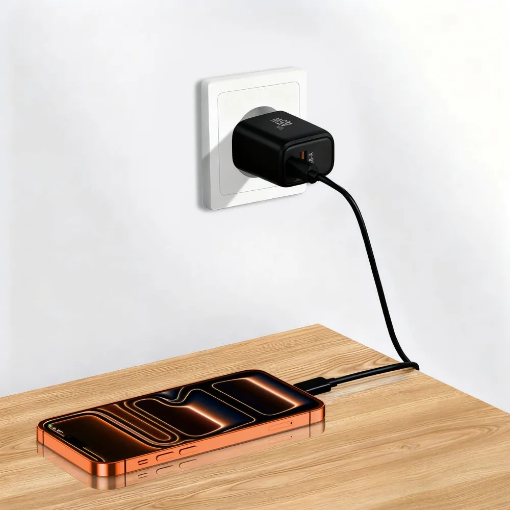 Accessories Data cables TECH-PROTECT NCA45W-GAN 2-PORT NETWORK CHARGER PD 45W / QC3.0 + TYPE-C CABLE  black