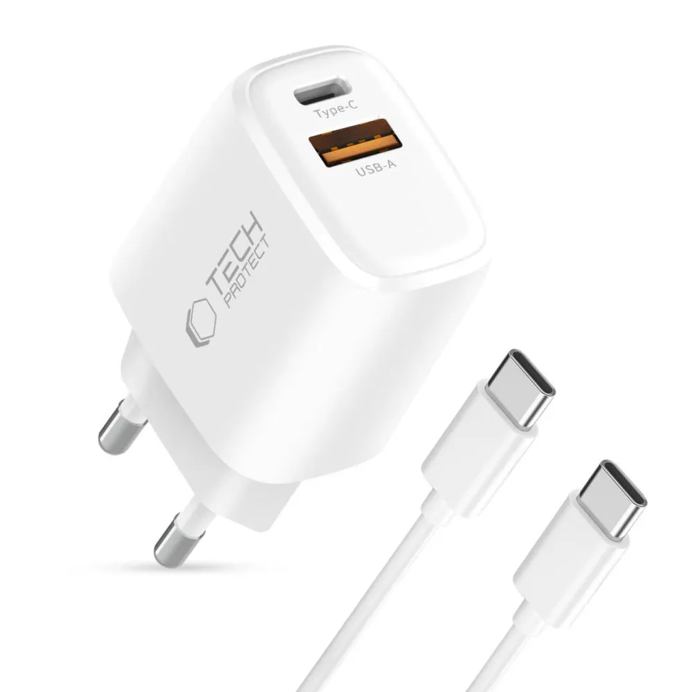 Datu kabeļi TECH-PROTECT NCA30 2-PORT NETWORK CHARGER PD 30W / QC3.0 + TYPE-C CABLE