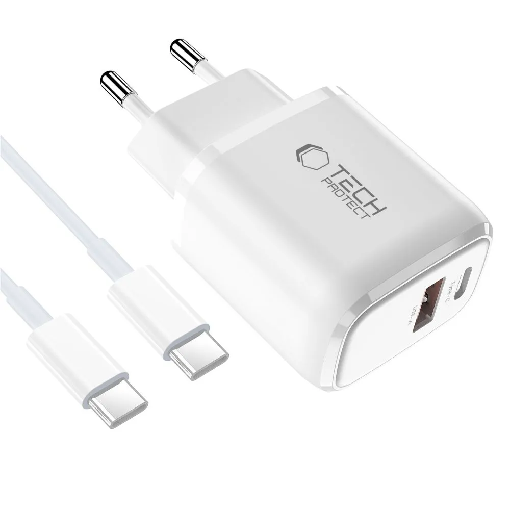 Datu kabeļi TECH-PROTECT NCA30 2-PORT NETWORK CHARGER PD 30W / QC3.0 + TYPE-C CABLE