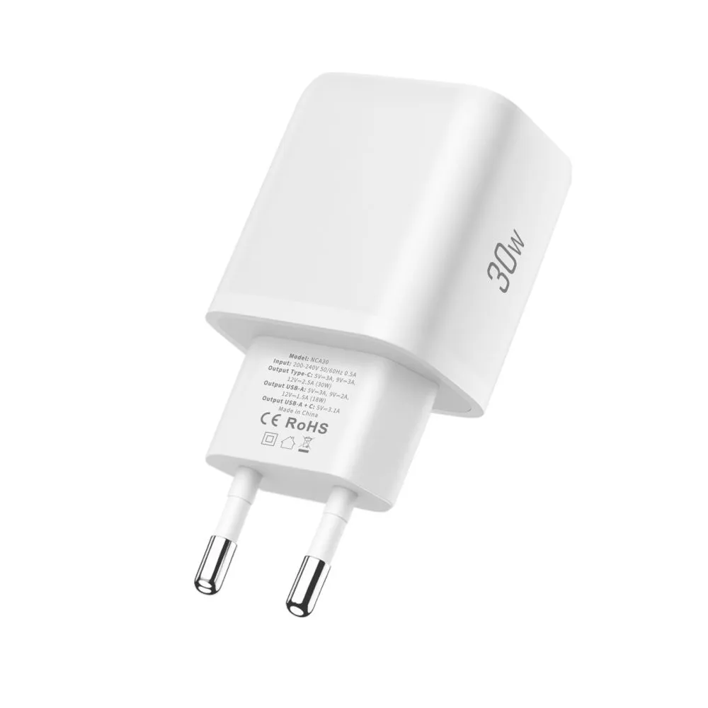 Datu kabeļi TECH-PROTECT NCA30 2-PORT NETWORK CHARGER PD 30W / QC3.0 + TYPE-C CABLE
