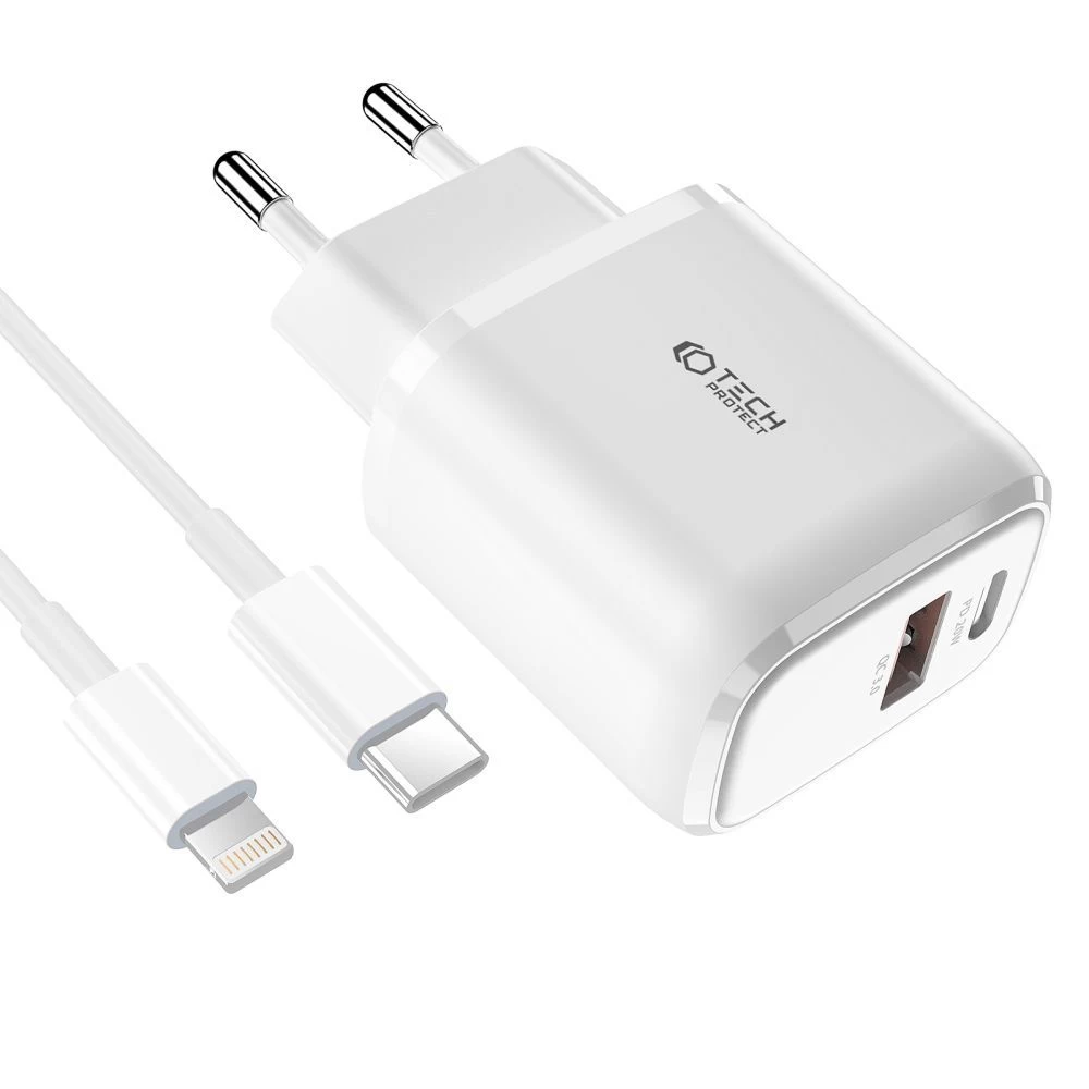 Accessories Data cables TECH-PROTECT C20W 2-PORT Network Charger PD20W/QC3.0 + Lightning Cable white