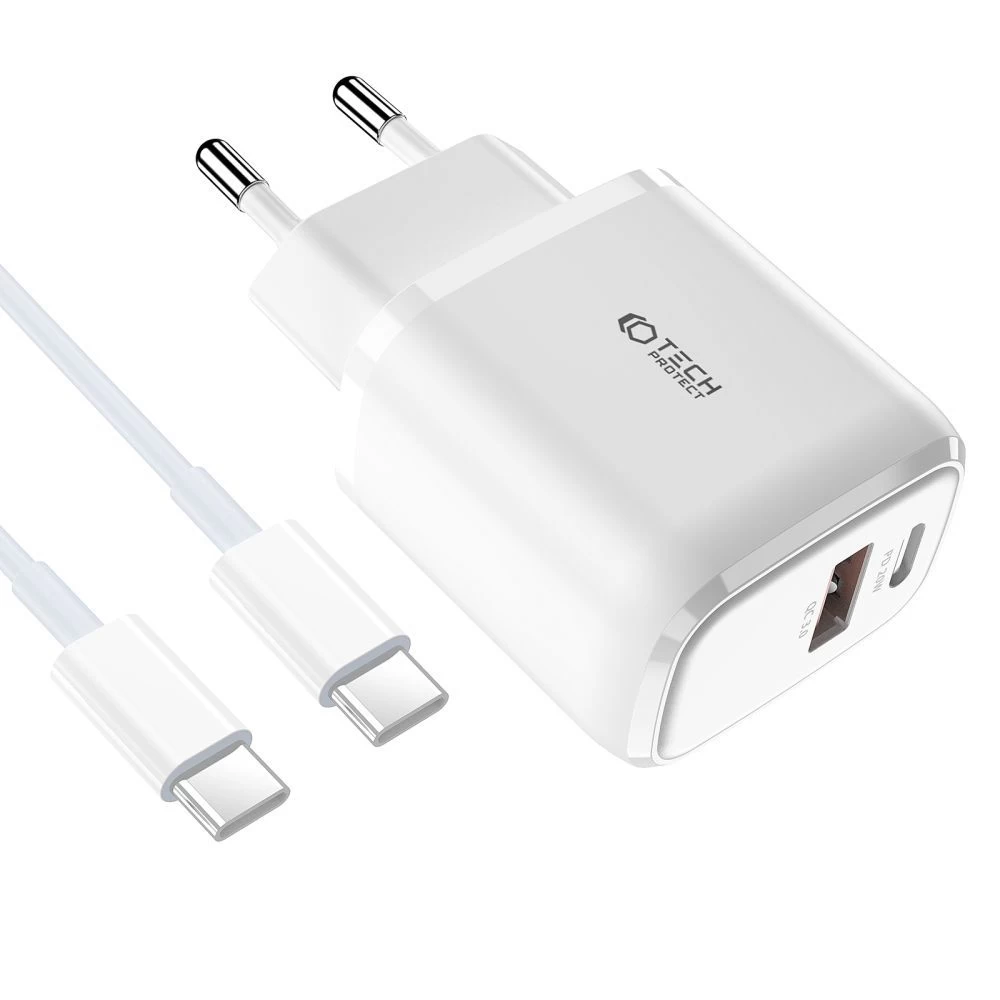 Aксессуары Кабель передачи данных TECH-PROTECT C20W 2-PORT Network Charger PD20W/QC3.0 + Type-C Cable белый