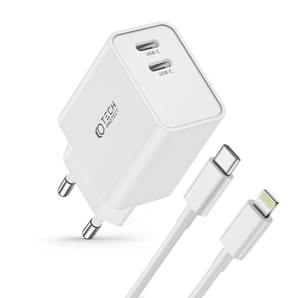 Aксессуары Кабель передачи данных TECH-PROTECT C35W 2-PORT NETWORK CHARGER PD35W + LIGHTNING CABLE белый