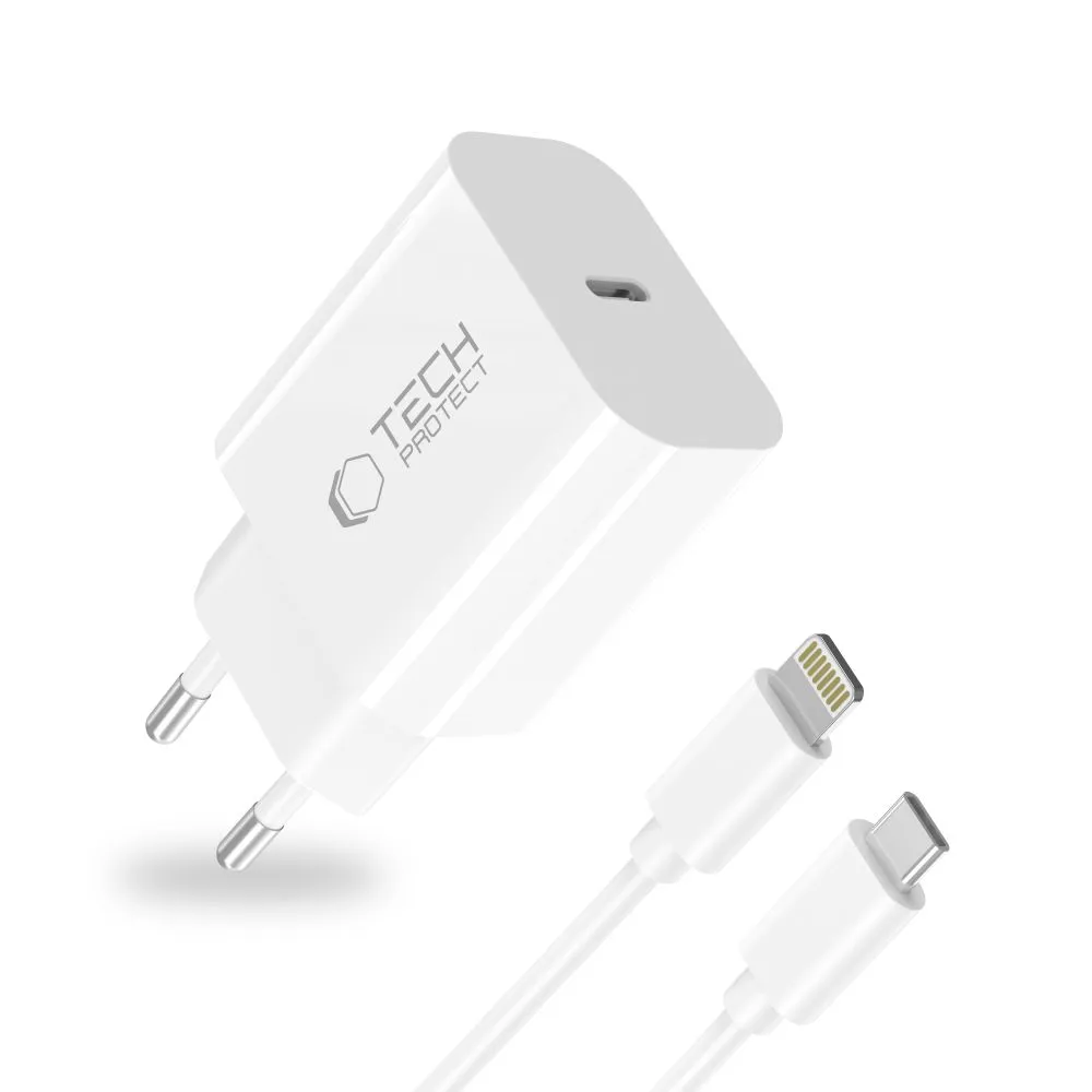 Aксессуары Кабель передачи данных TECH-PROTECT NC20W 1-PORT NETWORK CHARGER PD20W + LIGHTNING CABLE белый