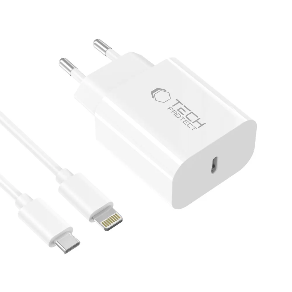 Aксессуары Кабель передачи данных TECH-PROTECT NC20W 1-PORT NETWORK CHARGER PD20W + LIGHTNING CABLE белый