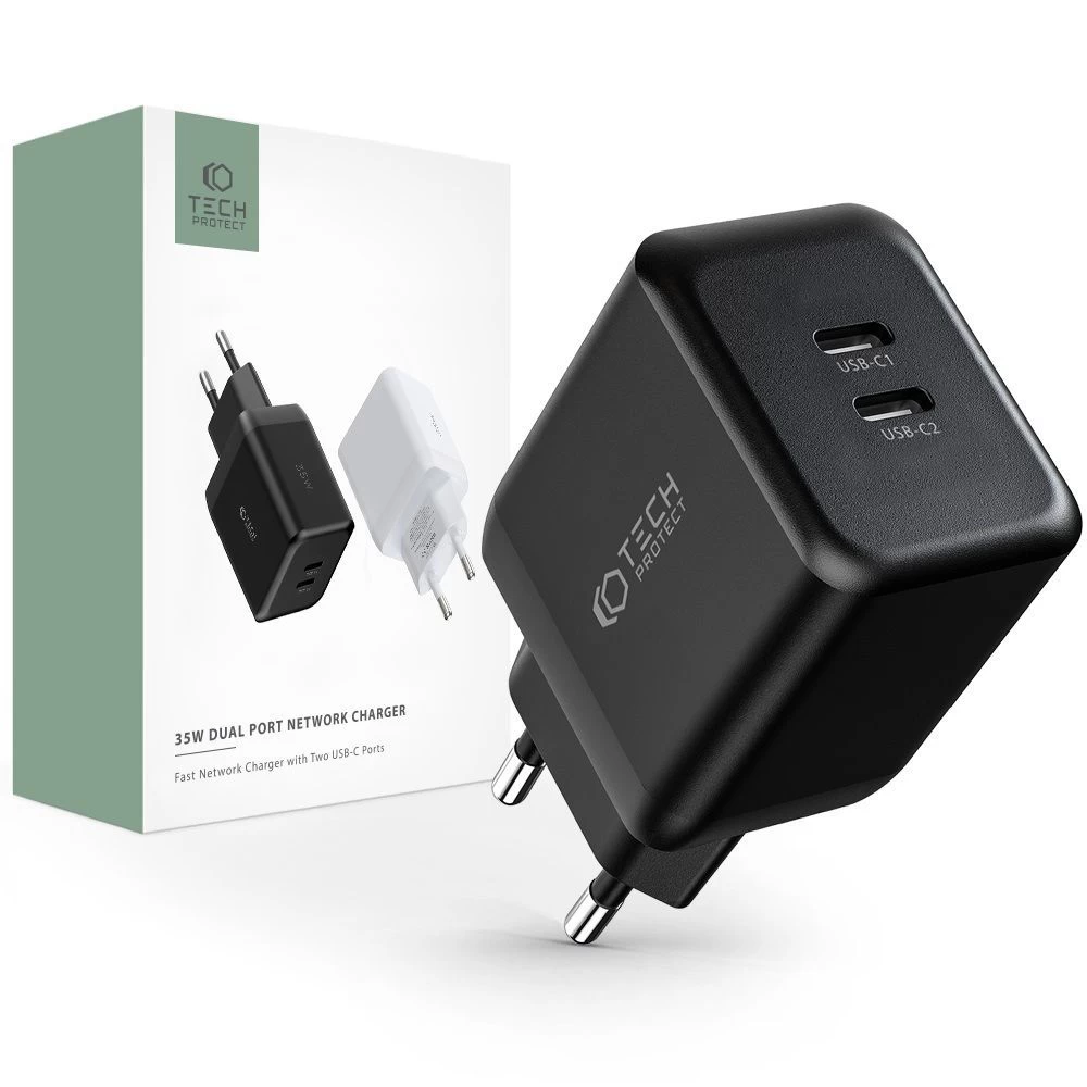 Priedai Duomenų kabeliai TECH-PROTECT C35W 2-PORT NETWORK CHARGER PD35W Juoda