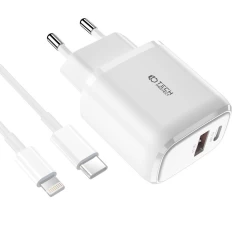 Accessories Data cables TECH-PROTECT C20W 2-PORT Network Charger PD20W/QC3.0 + Lightning Cable  white