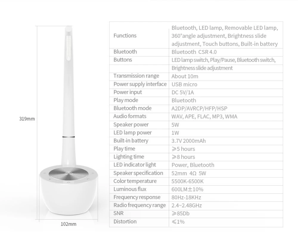 Priedai Bluetooth garsiakalbiai Phantom Ⅱ LED Lamp / Speaker  baltas