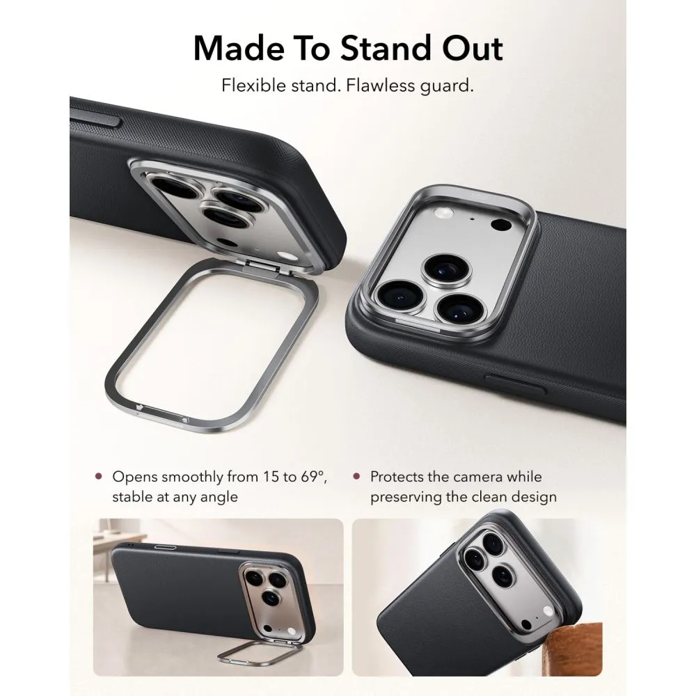 Apple iPhone 17 Pro suojakuori musta ESR LEATHER KICKSTAND MAGSAFE